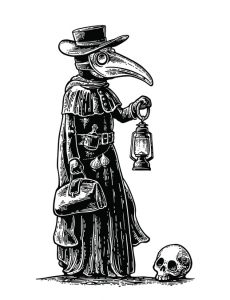 Plague, doctor with bird mask,suitcase, lantern, garlic and hat. Vector black vintage engraving illustration isolated on a white background. For poster and book